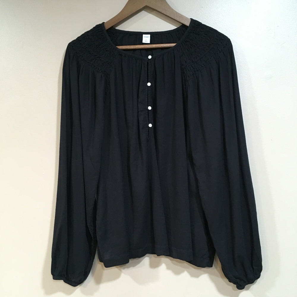 Old Navy Long Sleeve Peasant Top Women XL Black Boho Cottage Flowy Henley Blouse